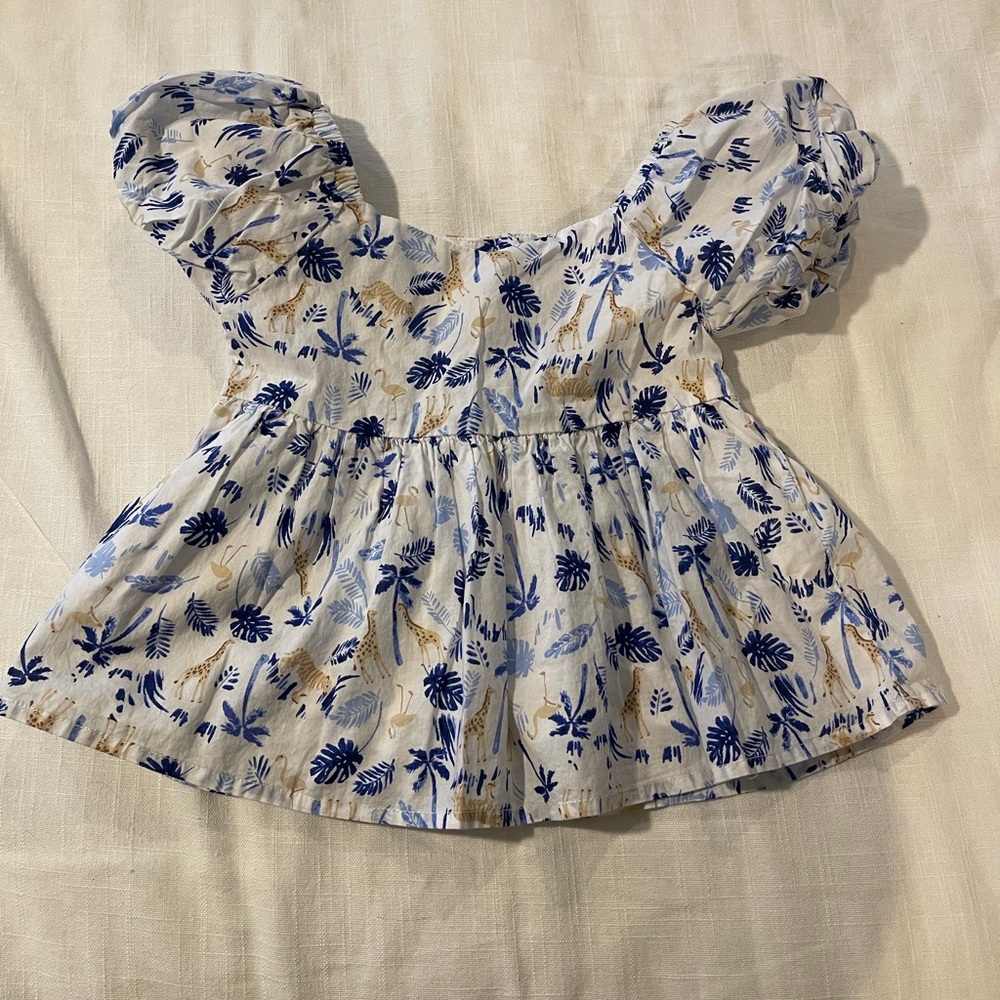Janie and Jack white / Blue safari themed Puff Sleeve Blouse